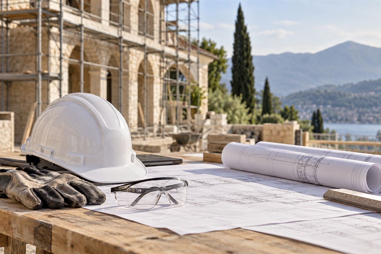 Casco e dispositivi di protezione su un tavolo di cantiere