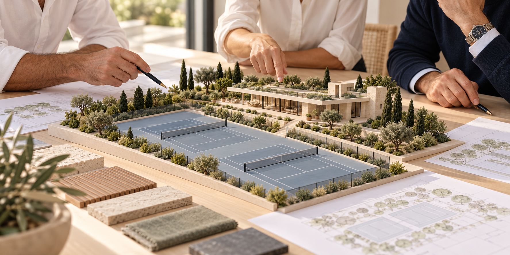 Riunione di progetto attorno al plastico di un centro tennis, immagine illustrativa